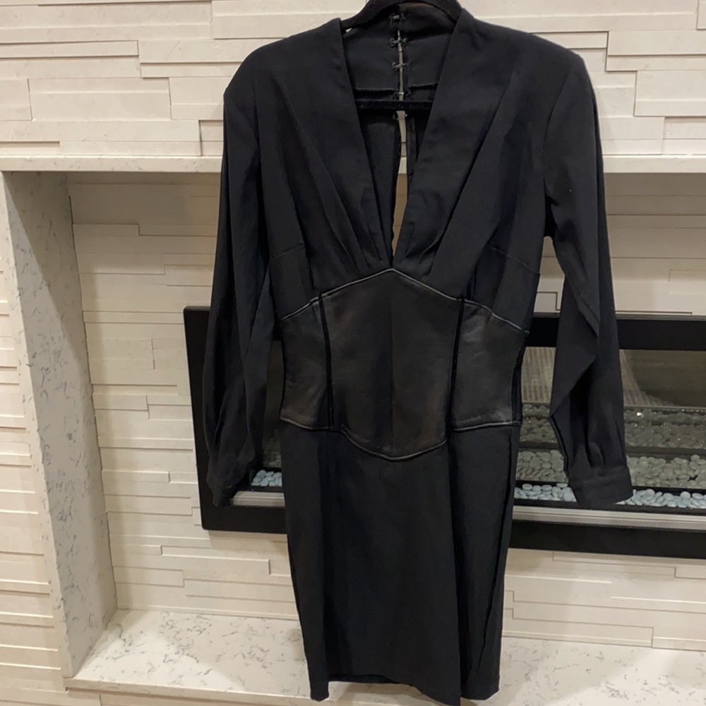Sexy, beautiful black fitted midi, long sleeve, leather bodice dress. Small.